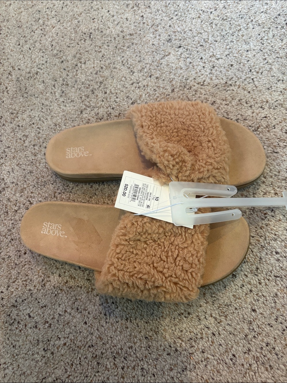 stars above Faux-Shearling Slide Sandals in Camel Tan